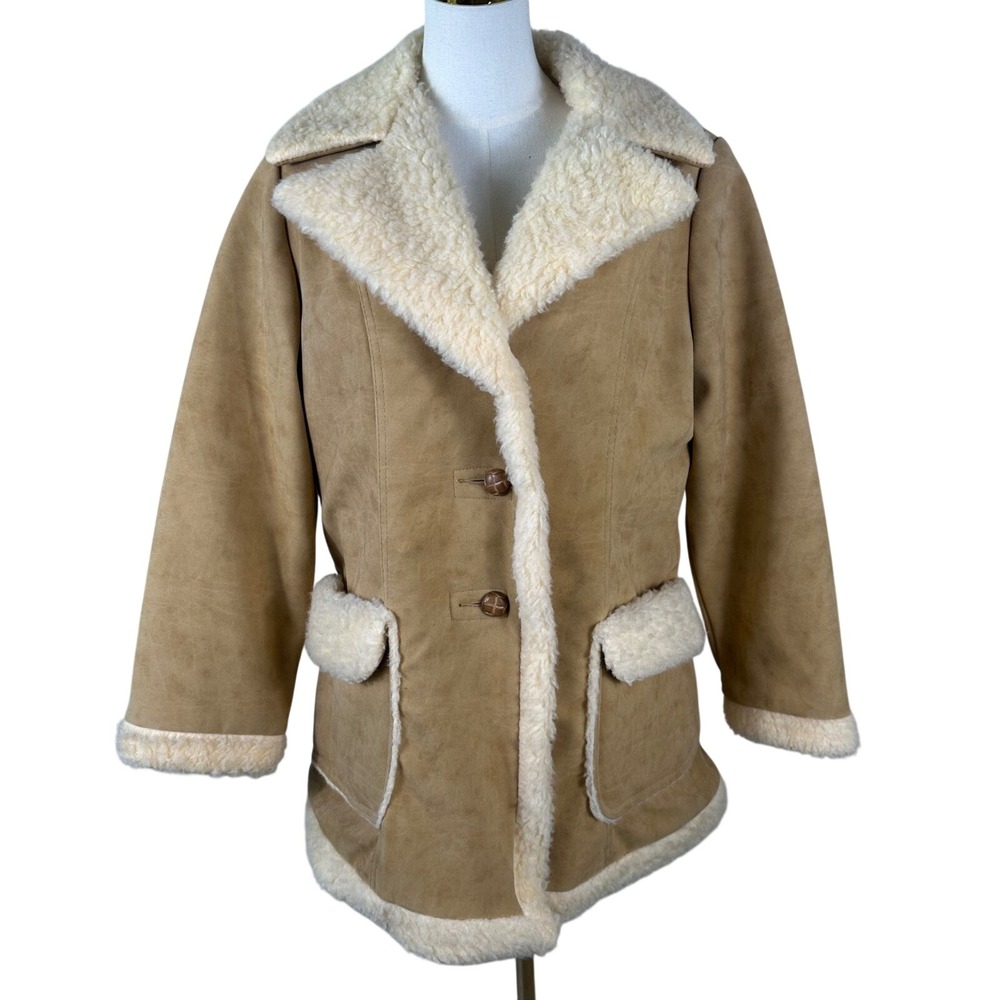 Wiman Faux Suede Shearling Coat Womens L Tan Western Penny Lane 70s Vtg Rocker